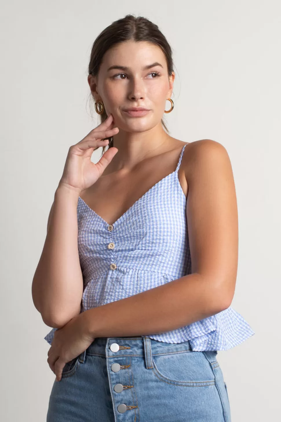 Crop Tops*Tobi Sweet Citrus Gingham Surplice Crop Tank Top Light Blue | Orange