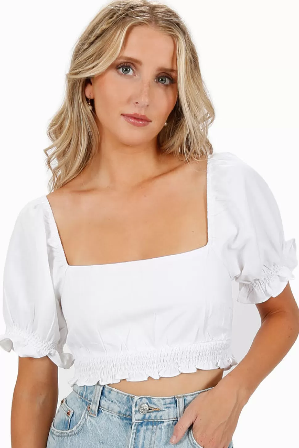 Puff Sleeve Tops*Tobi Sweet Love Tie Back Smocked Puff Sleeve Crop Top White