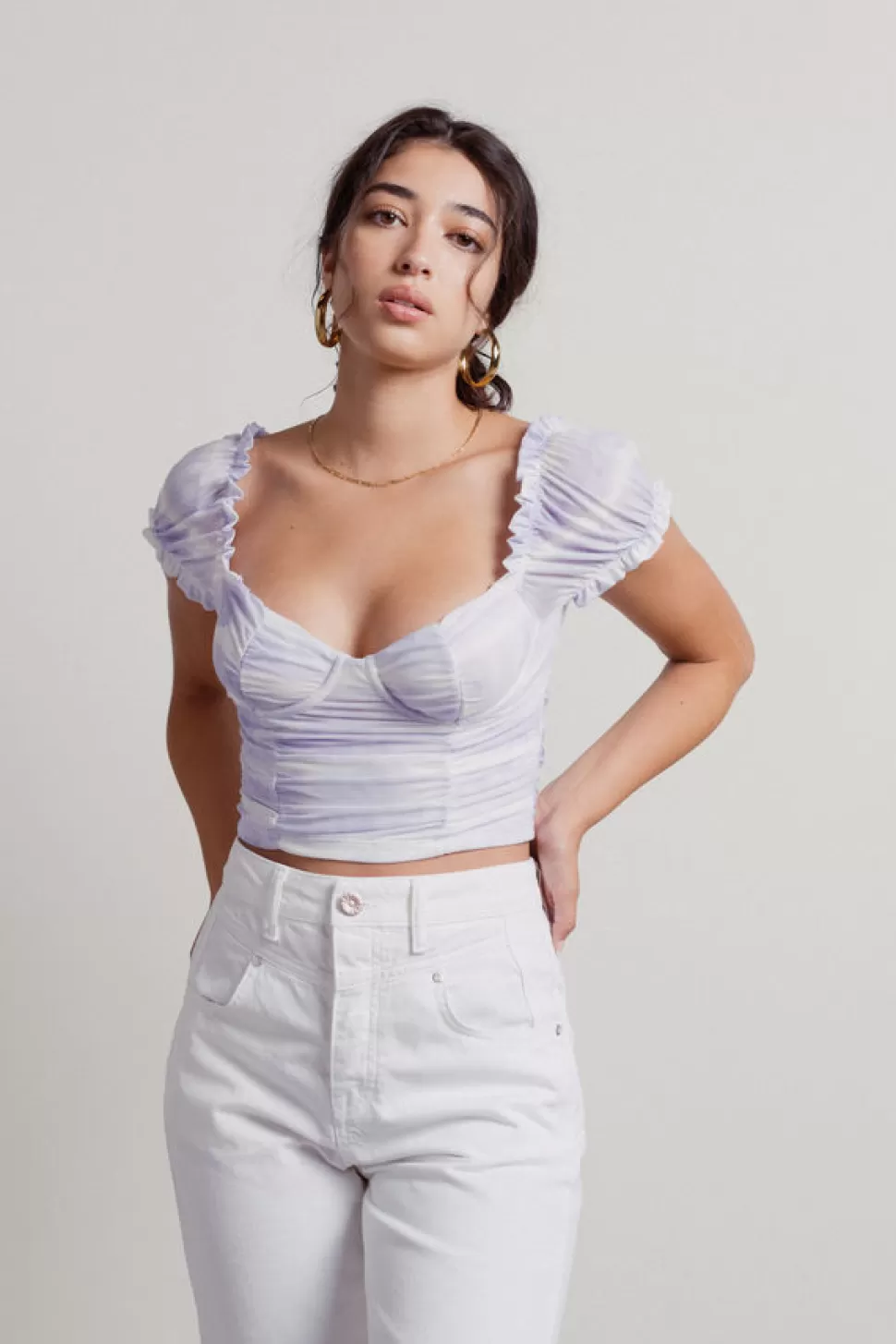 Puff Sleeve Tops*Tobi Sweet Lullaby Ruched Mesh Bustier Crop Top Lavender