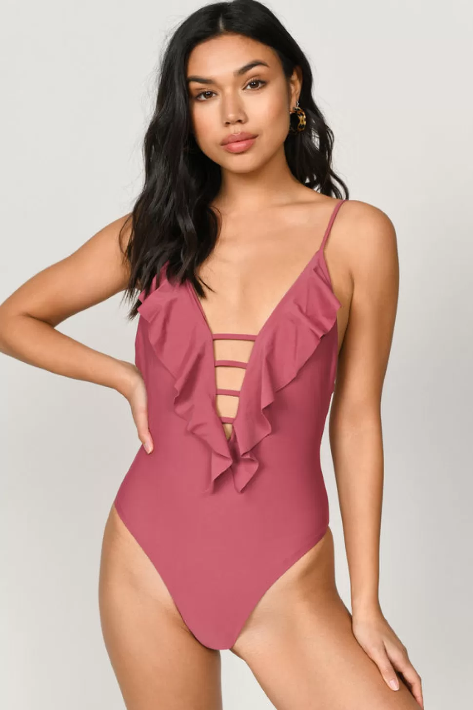 One Piece Swimsuits*Tobi Swept Away Plunging Ruffle Monokini White | Brick | Black