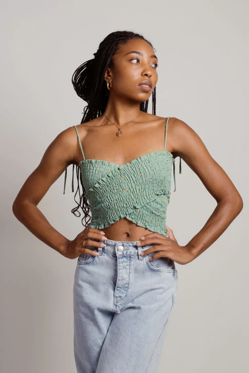 Crop Tops*Tobi Take It Away Floral Smocked Crop Top Mint | Yellow