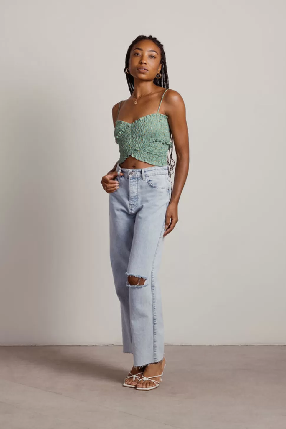 Crop Tops*Tobi Take It Away Floral Smocked Crop Top Mint | Yellow