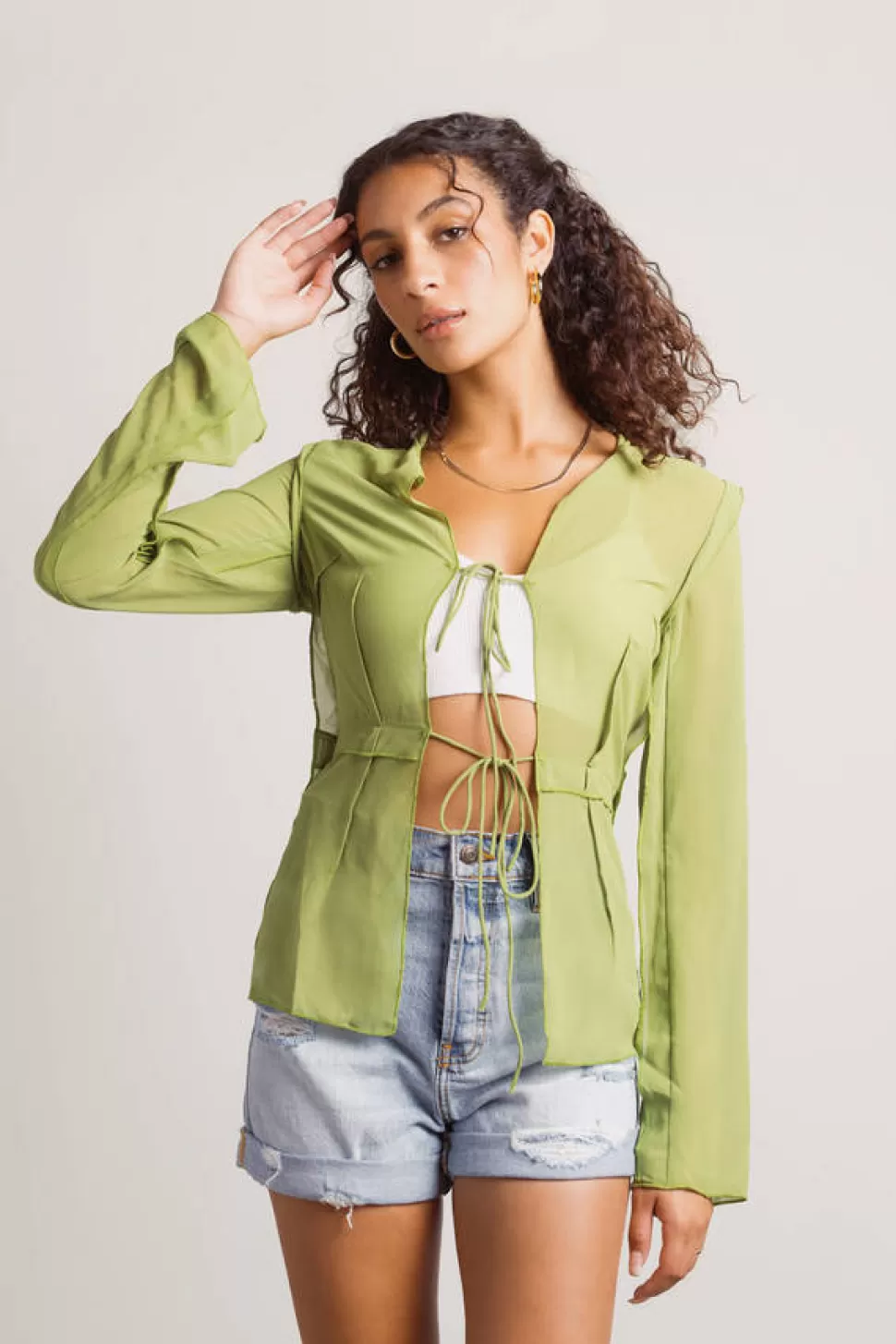 Blouses & Shirts*Tobi Take Me Out Semi-Sheer Open Front Blouse Green | Black | White