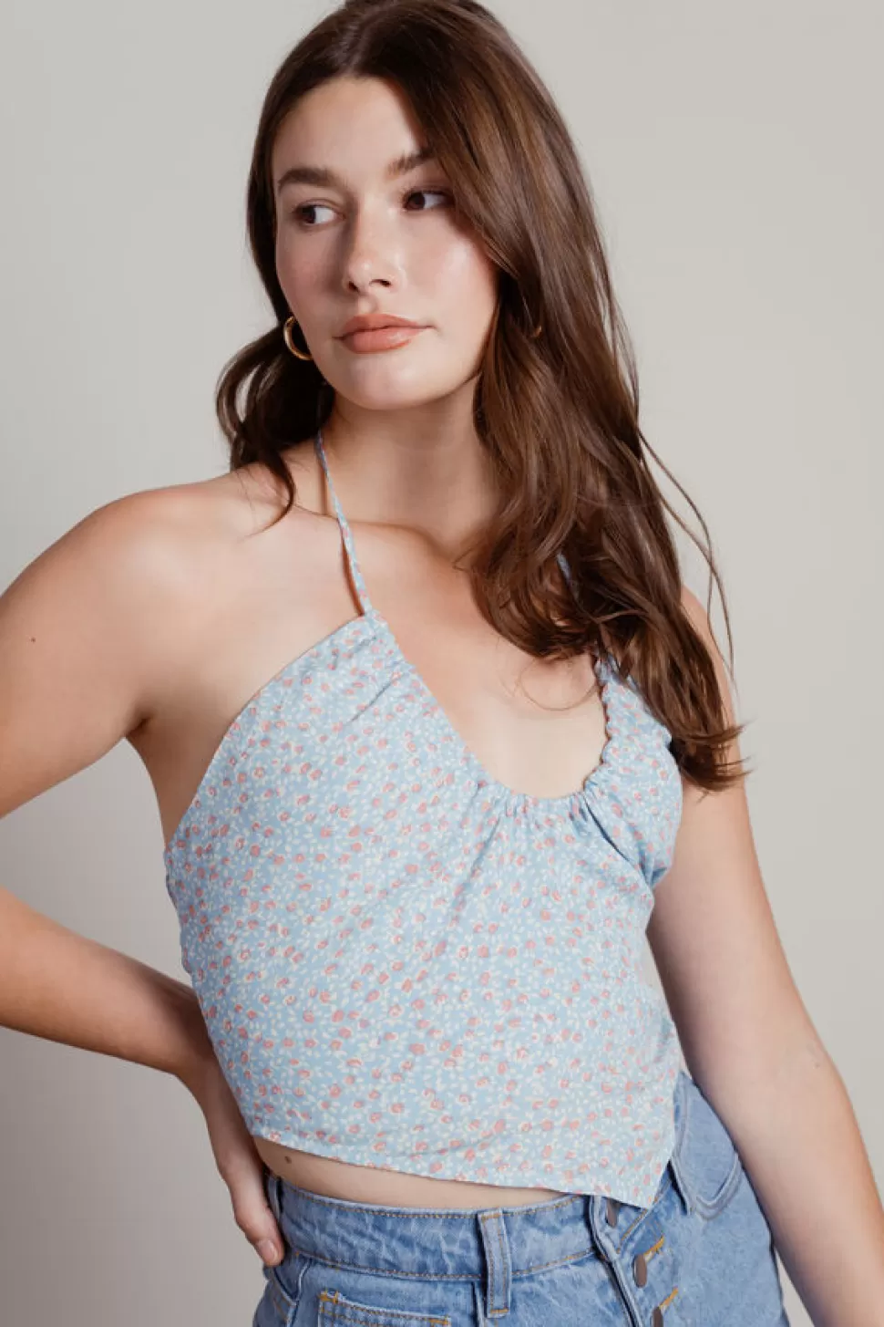 Backless Tops*Tobi Talk About It Ditsy Floral Halter Crop Top Blue