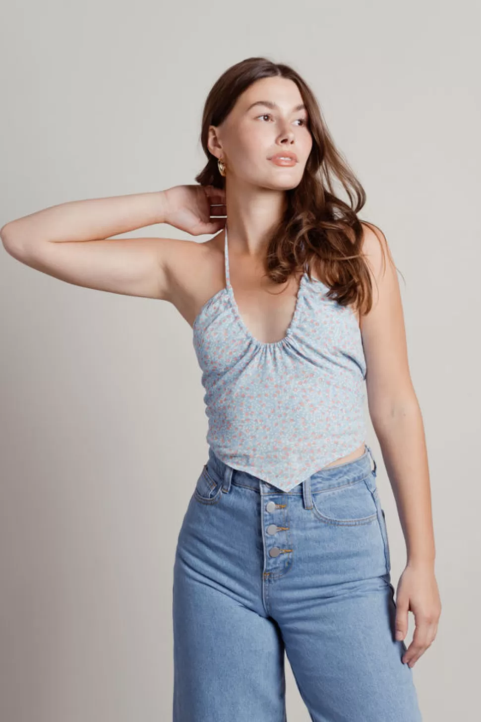 Backless Tops*Tobi Talk About It Ditsy Floral Halter Crop Top Blue