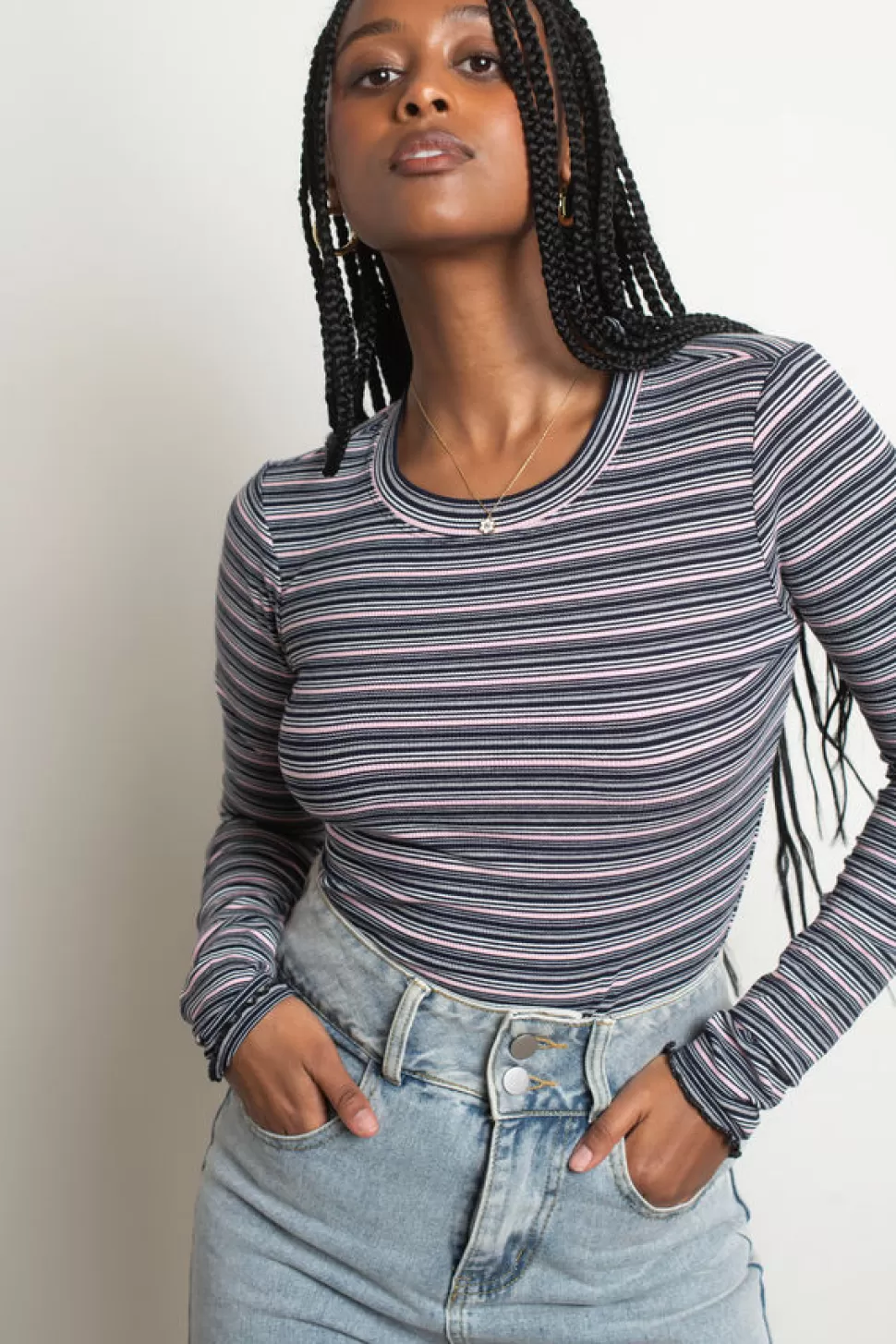 Long Sleeve Tops*Tobi Tasha Rib Knit Stripe Long Sleeve Top Navy Multi | White Multi