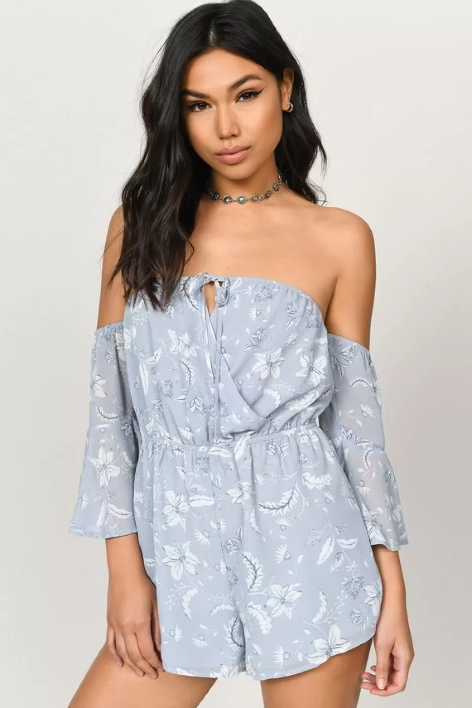 Rompers & Jumpsuits*Tobi Taylor Floral Off Shoulder Romper Light Blue Multi