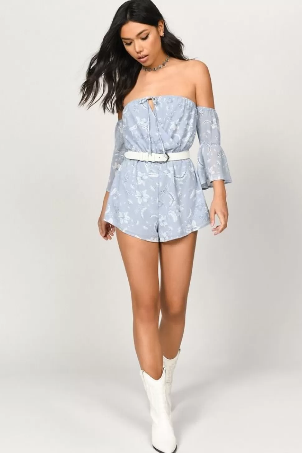 Rompers & Jumpsuits*Tobi Taylor Floral Off Shoulder Romper Light Blue Multi