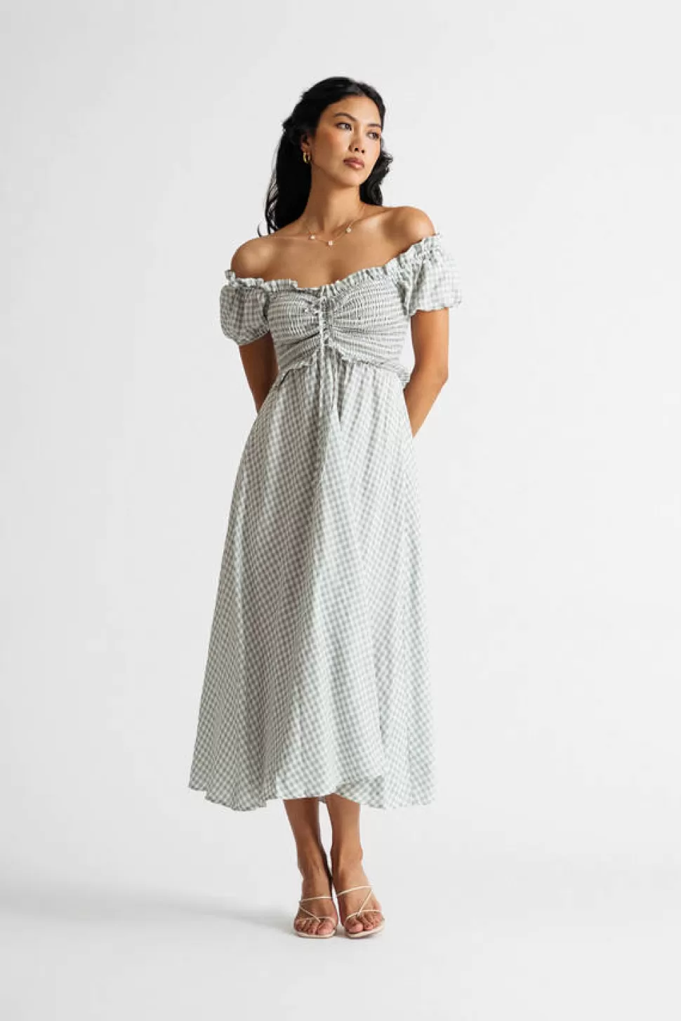 Sundresses*Tobi Thalia Gingham Off Shoulder Smocked Midi Dress Sage