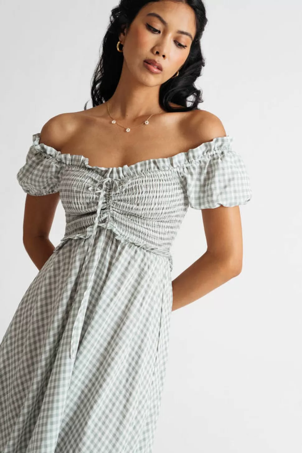 Sundresses*Tobi Thalia Gingham Off Shoulder Smocked Midi Dress Sage