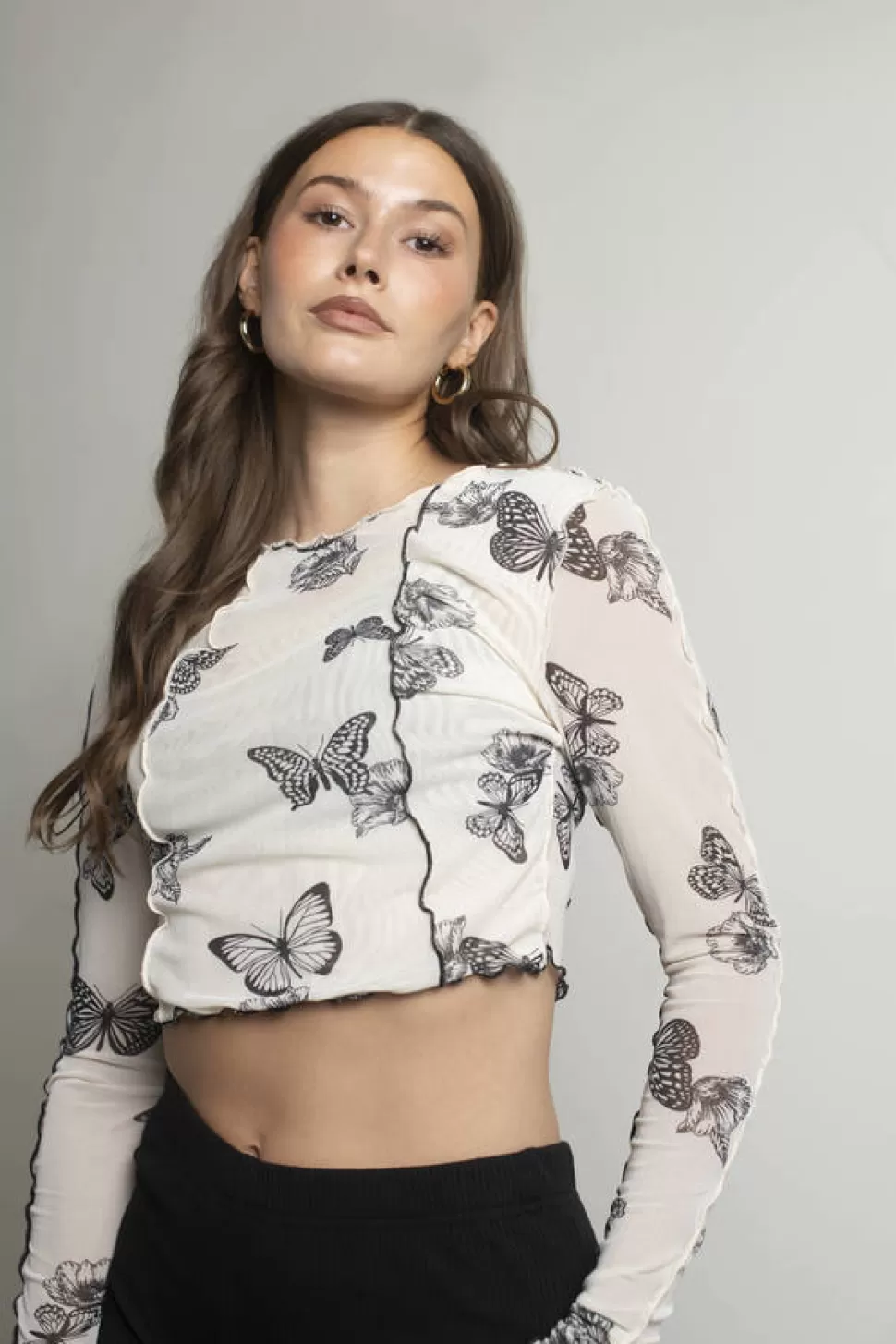 Mesh Tops*Tobi The Collector Sheer Butterfly Mesh Top Cream