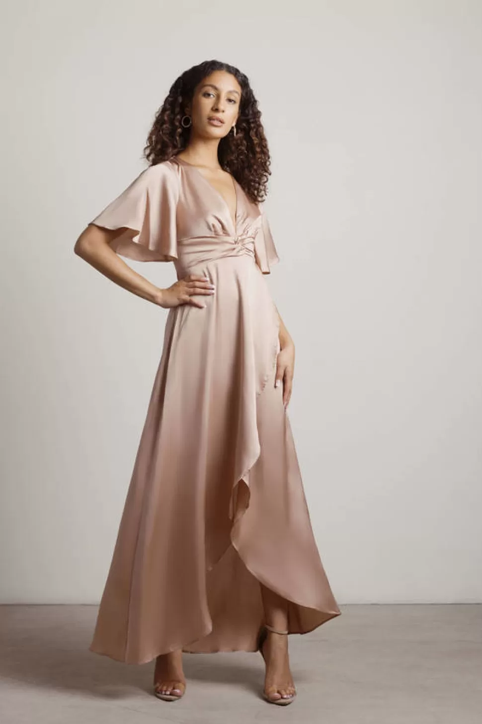 Black Tie & Evening Dresses*Tobi The Joy Of It Satin Twist High-Low Maxi Dress Rose Gold