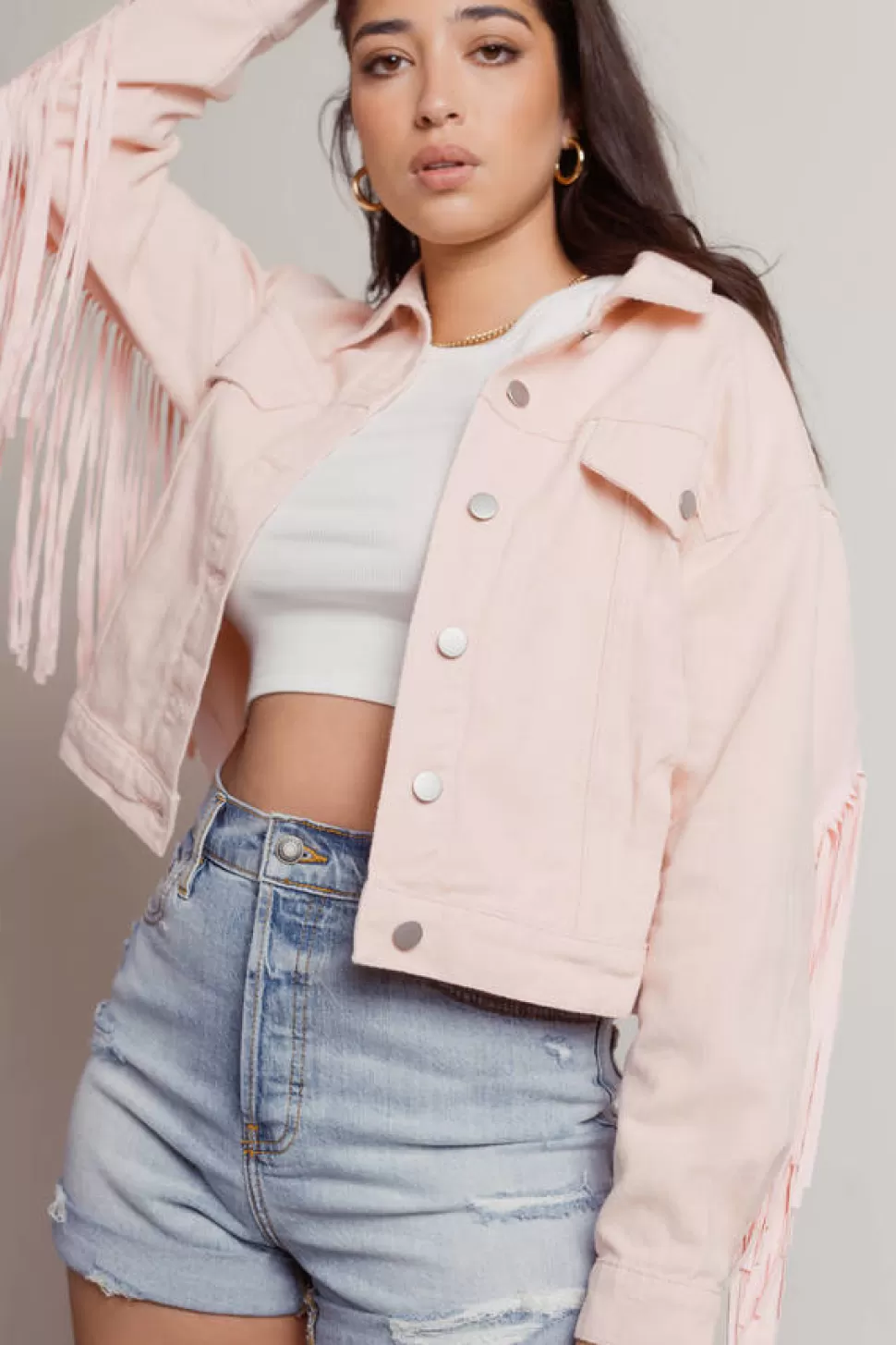 Jackets*Tobi Time For A Ride Fringe Denim Jacket Pink