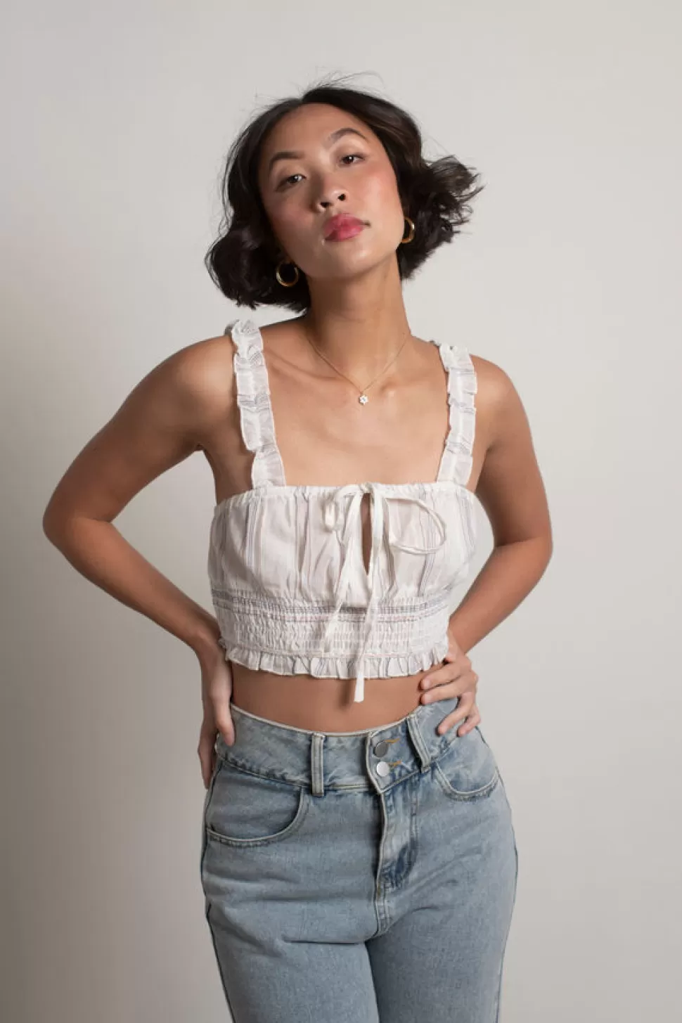 Sexy Tops*Tobi Toni Stripe Smocked Crop Top White Multi