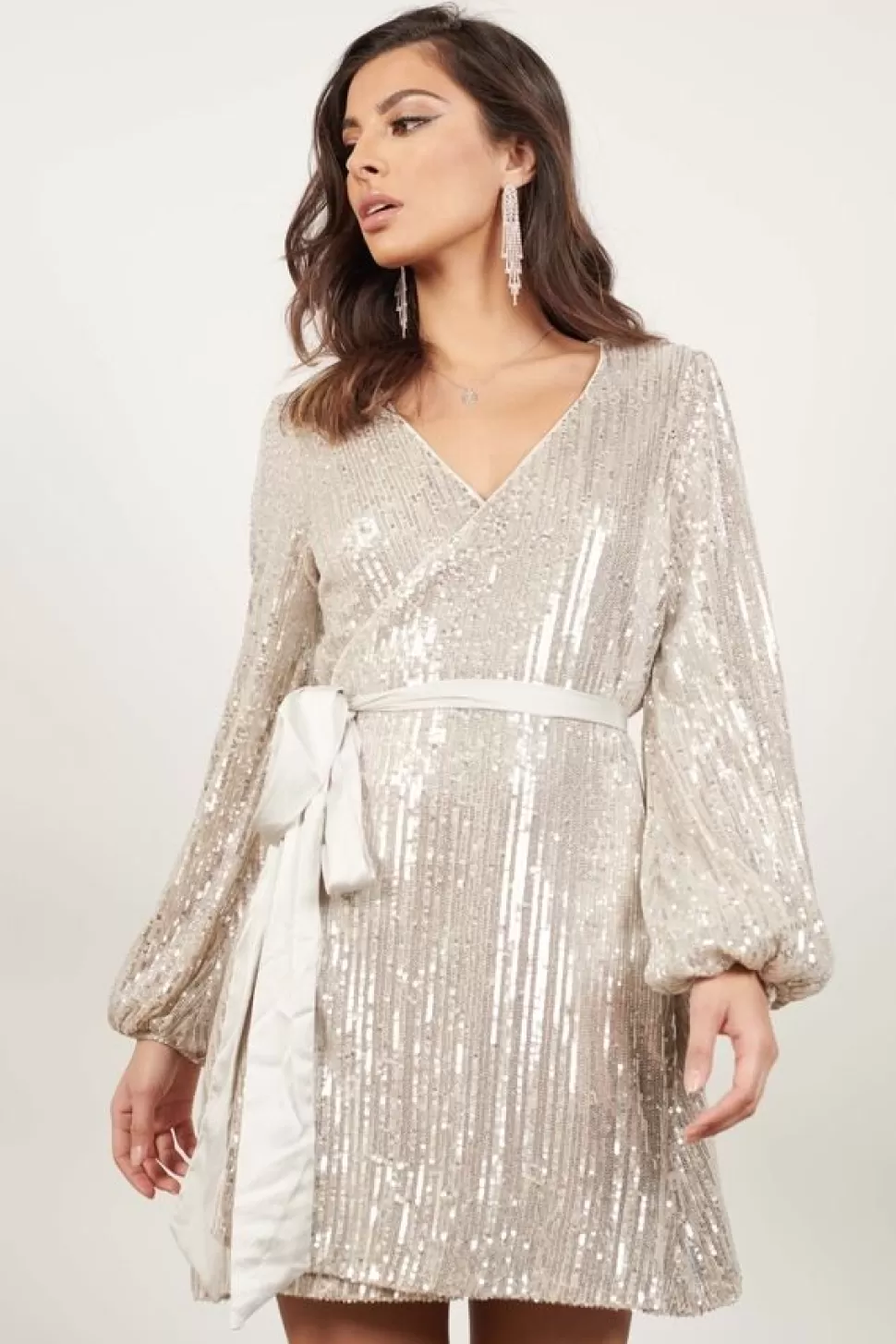 Wrap Dresses*Tobi Too Soon Long Sleeve Embellished Wrap Dress Champagne