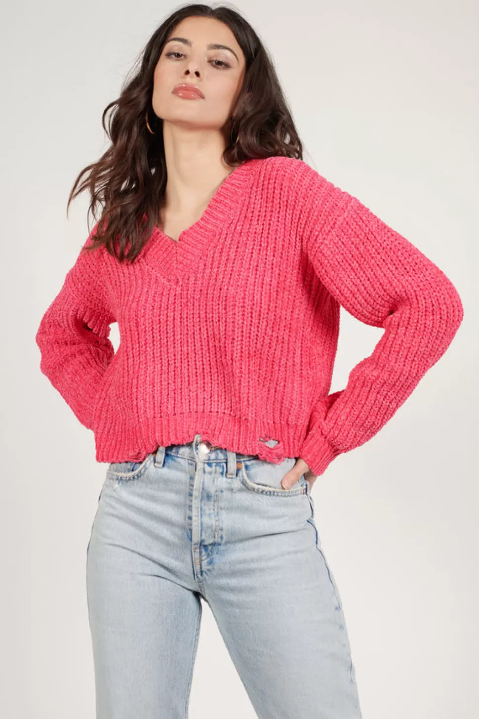 Pink Tops*Tobi Tori Distressed Sweater Hot Pink