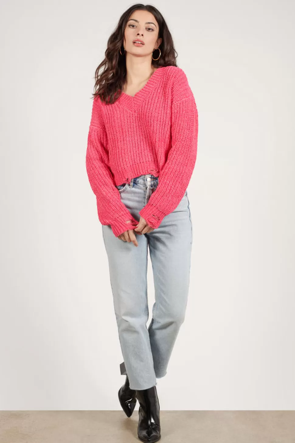 Pink Tops*Tobi Tori Distressed Sweater Hot Pink