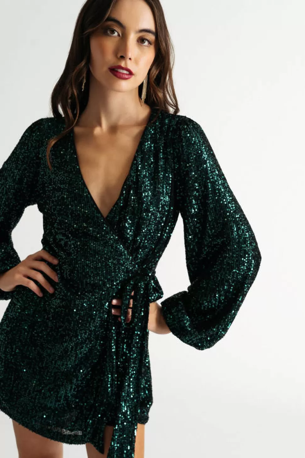 Rompers & Jumpsuits*Tobi Trisha Sequin Long Sleeve Wrap Romper Hunter Green