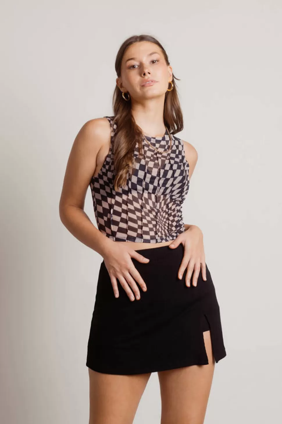 Mesh Tops*Tobi Ultralight Checkered Exposed Seams Tank Top Black | Brown