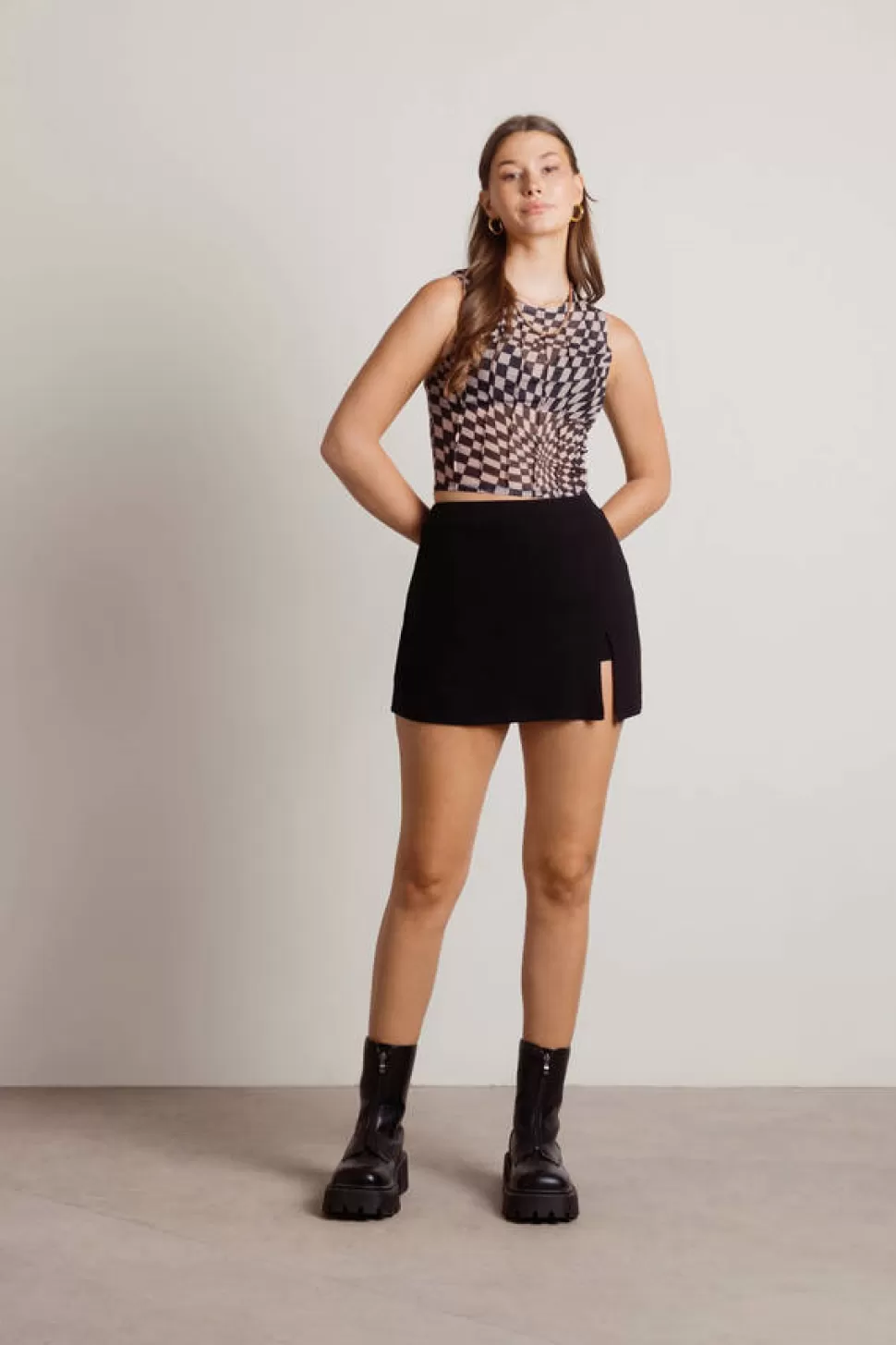 Mesh Tops*Tobi Ultralight Checkered Exposed Seams Tank Top Black | Brown