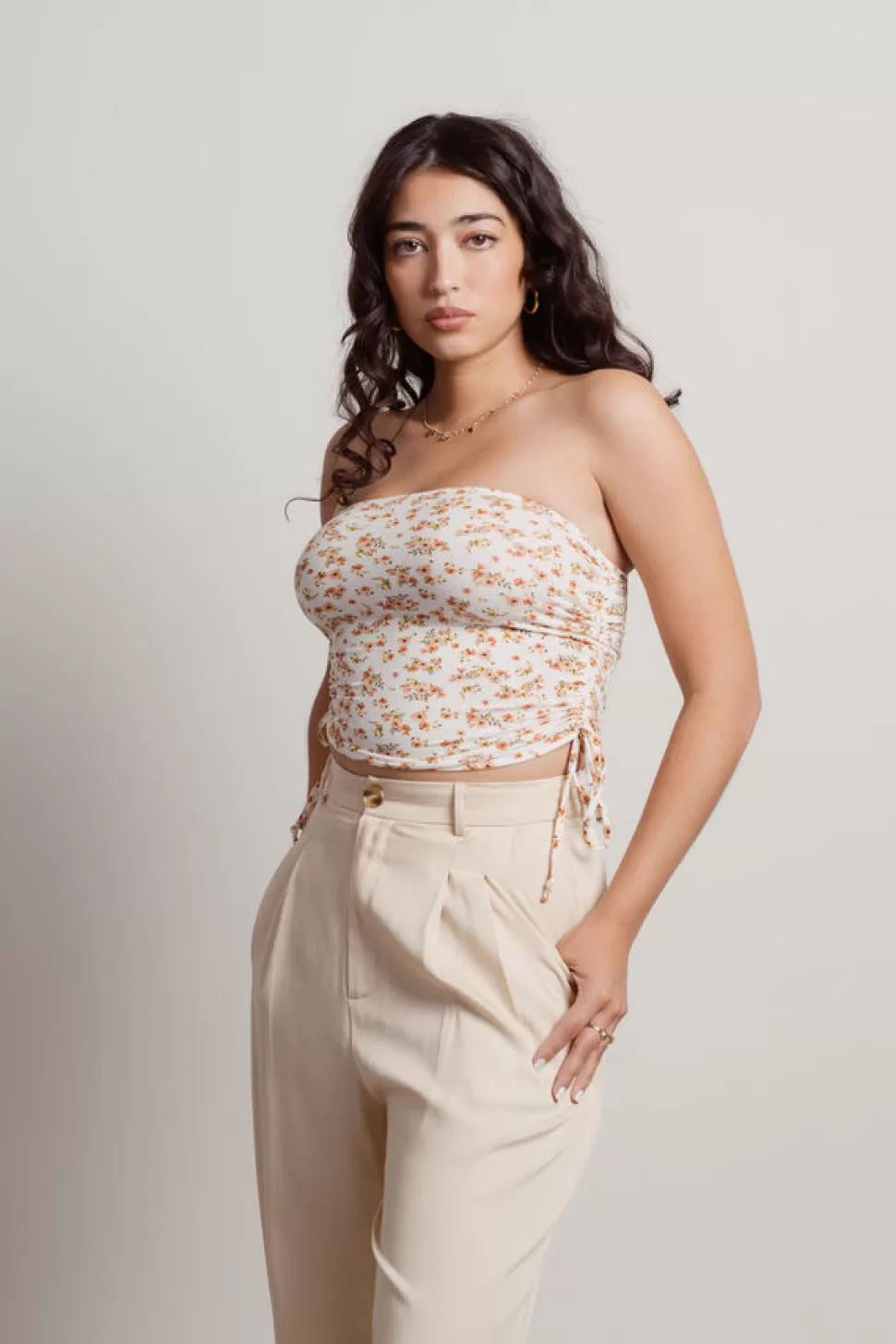 Crop Tops*Tobi Used To Love Floral Ruched Tube Crop Top Ivory Coral