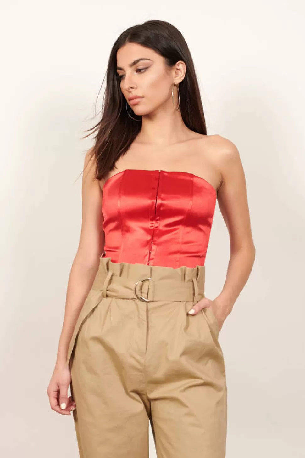 Red Tops*Tobi Valencia Satin Corset Crop Top Red