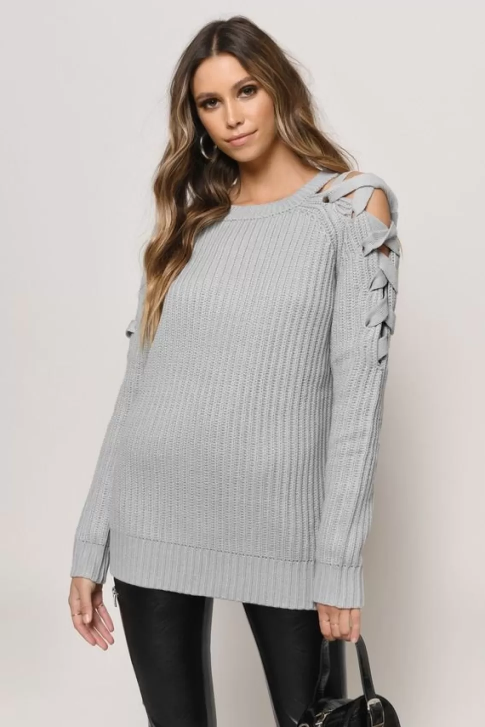 Pink Tops*Tobi Vana Lace Up Shoulder Sweater Grey | Black | Blush | Terracotta