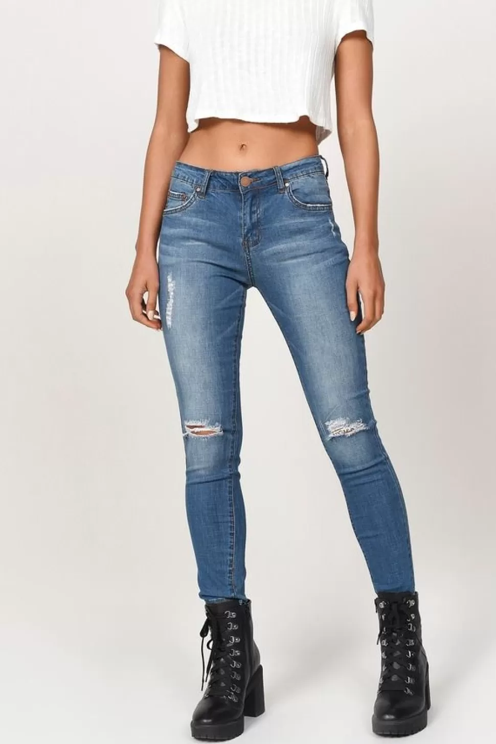 Denim*Tobi Ventura Mid Rise Distressed Cropped Jeans Dark Wash