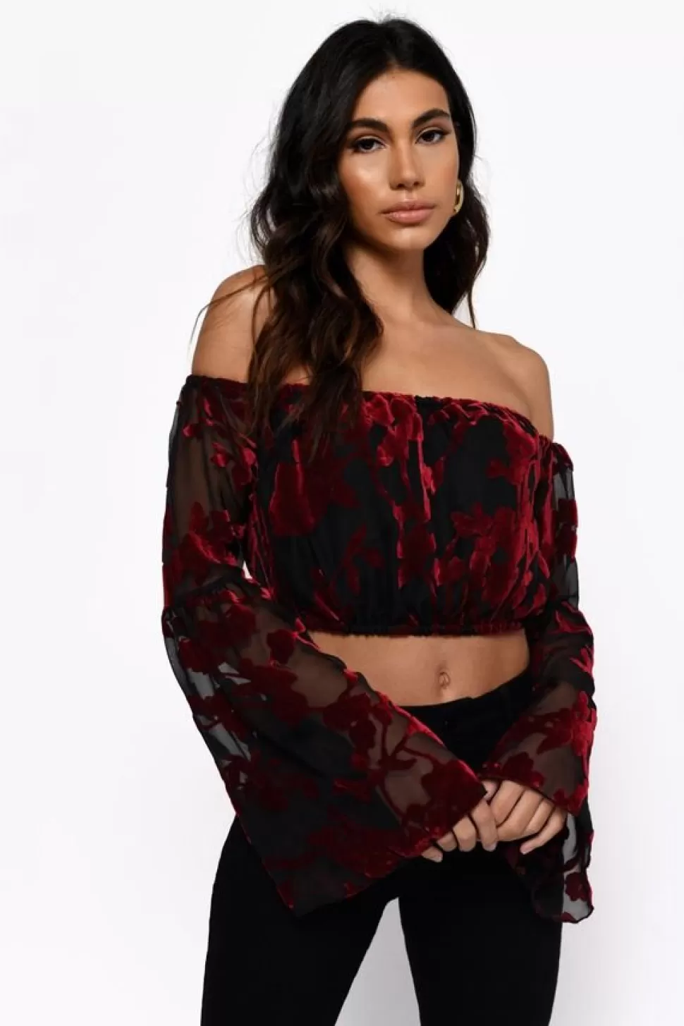 Off The Shoulder Tops*Tobi Veronica Velvet Lace Up Top Black