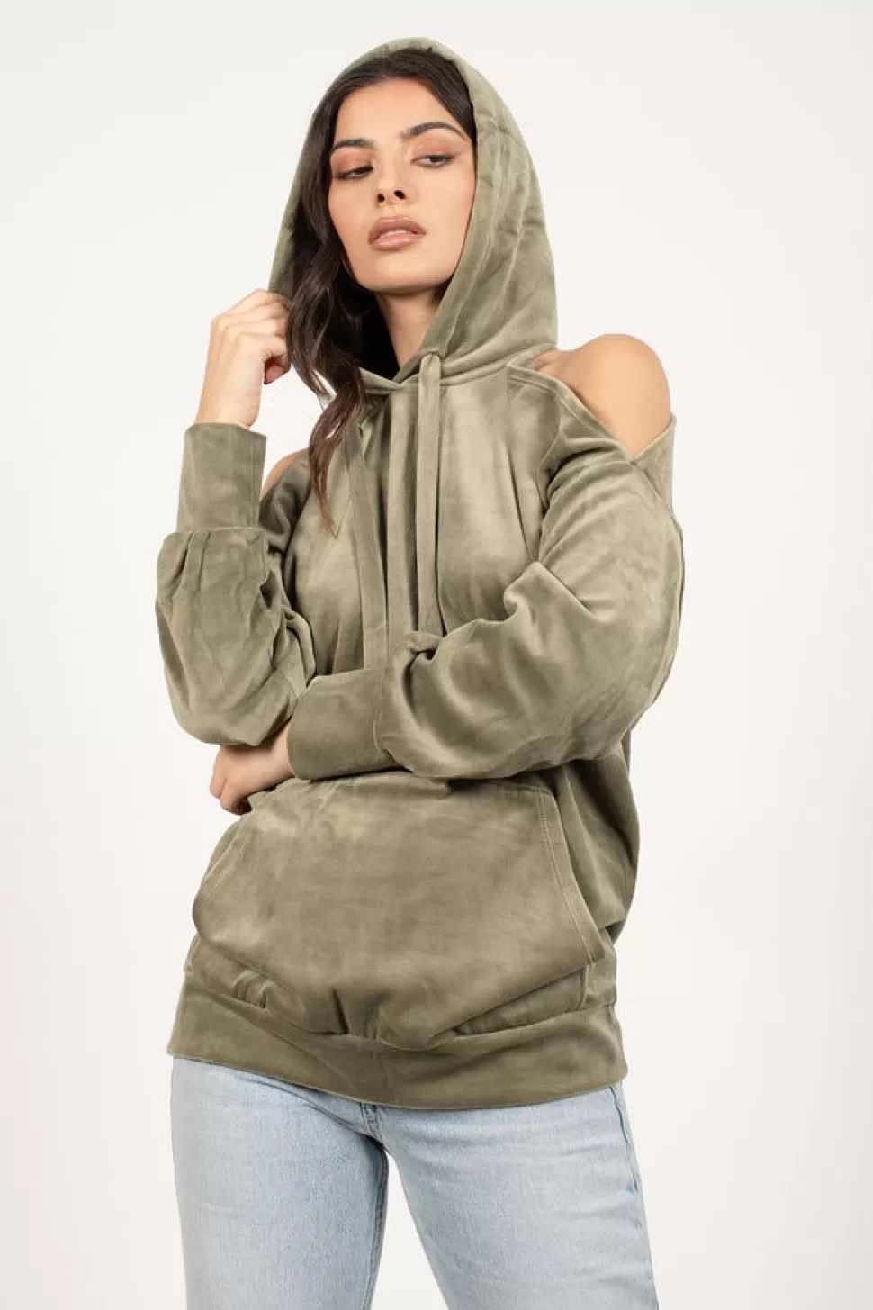 Hoodies & Sweatshirts*Tobi Veronique Velvet Cold Shoulder Hoodie Olive