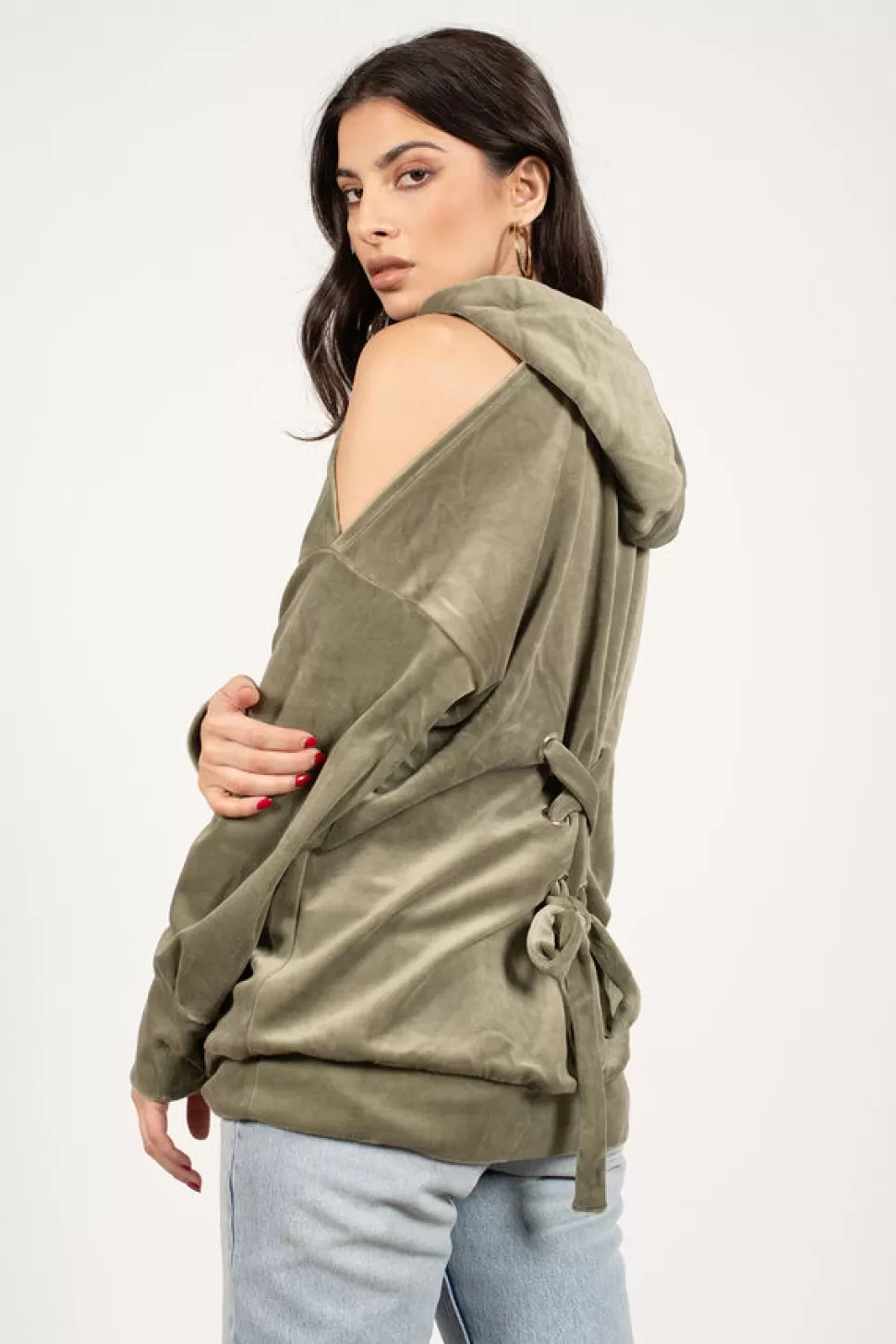 Hoodies & Sweatshirts*Tobi Veronique Velvet Cold Shoulder Hoodie Olive