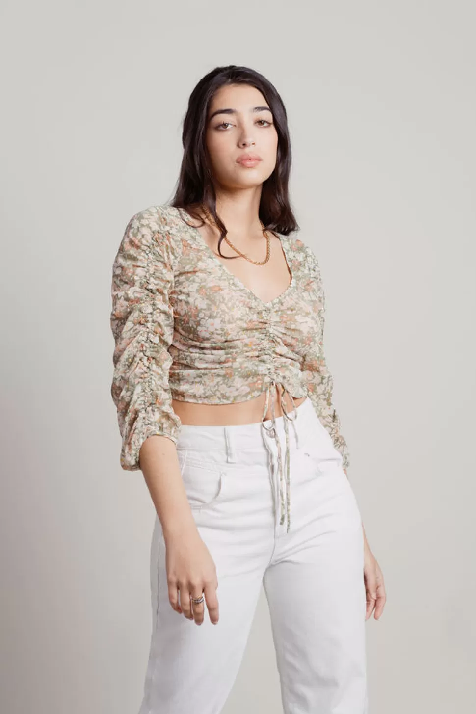 Crop Tops*Tobi Wander Off Floral Ruched Sleeves Crop Top Sage