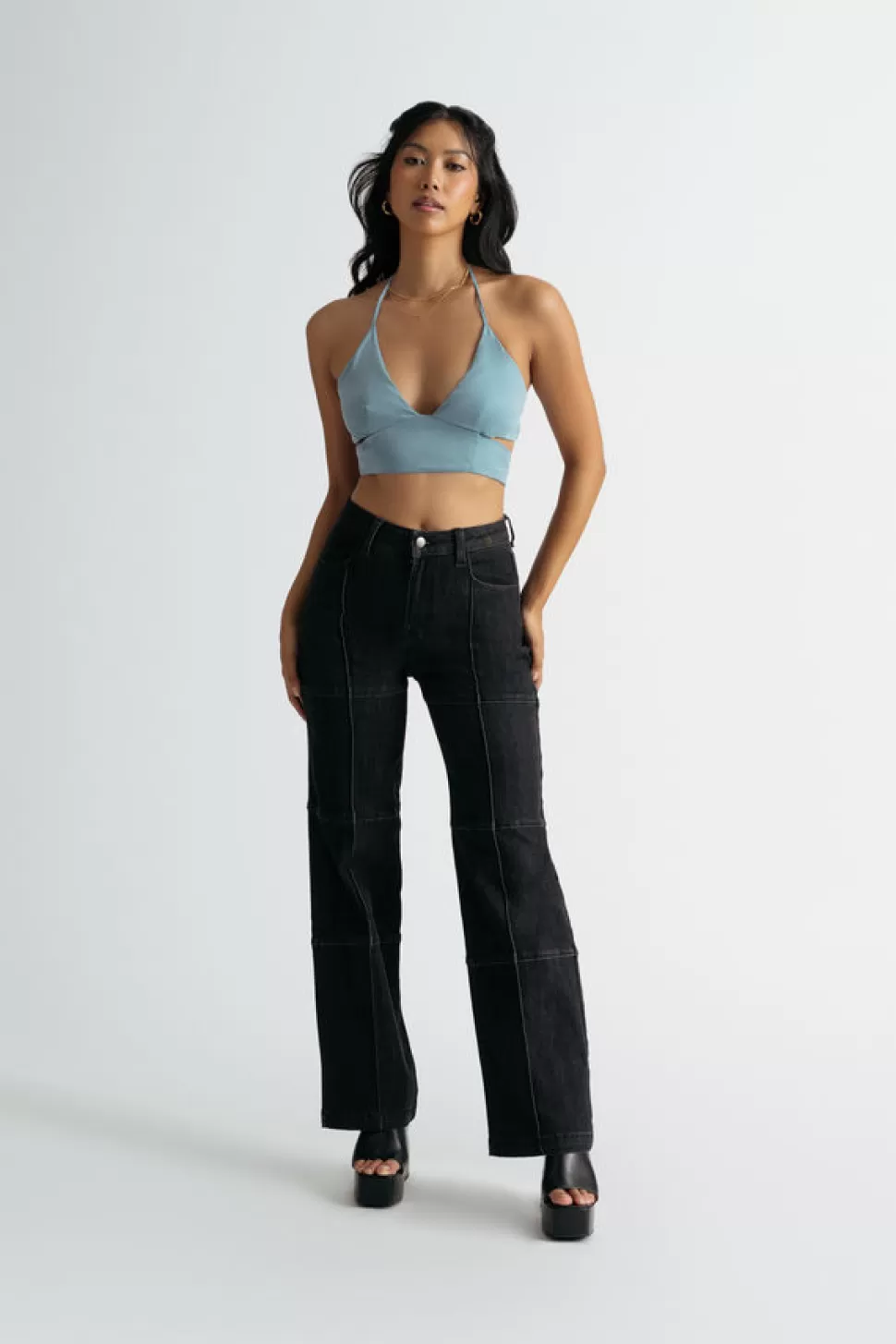 Sexy Tops*Tobi Want You Around Satin Halter Crop Top Blue | White