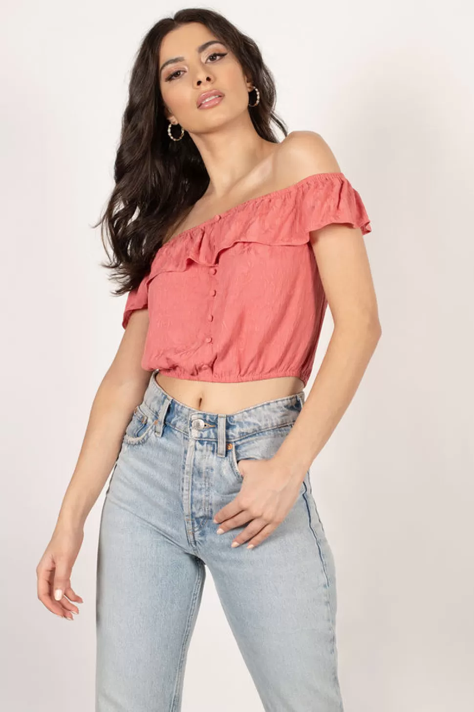 Off The Shoulder Tops*Tobi Watermelon Sundae Ruffle Crop Top Rose