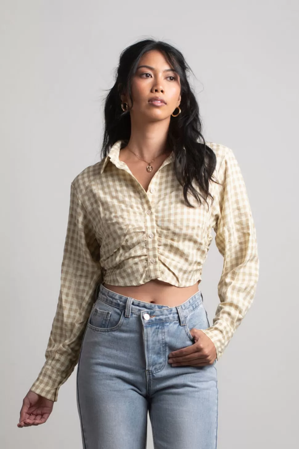 Blouses & Shirts*Tobi When You Knew Ruched Plaid Crop Blouse Pale Khaki