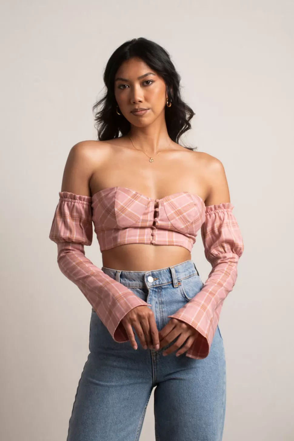 Puff Sleeve Tops*Tobi Winston Puff Sleeve Plain Plaid Bustier Crop Top Pink Multi