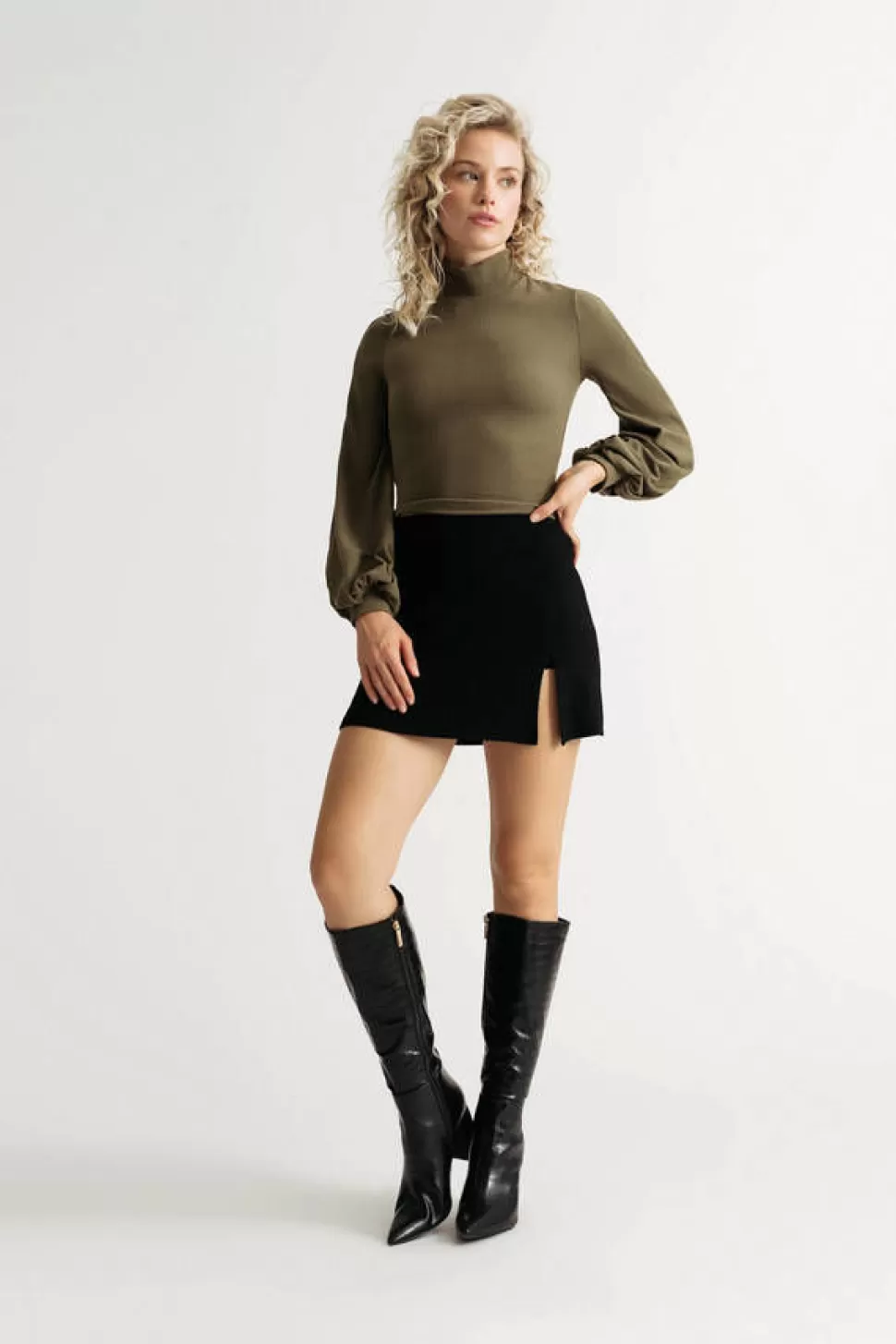 Puff Sleeve Tops*Tobi Winter Basics Turtleneck Balloon Sleeve Crop Top Olive Green