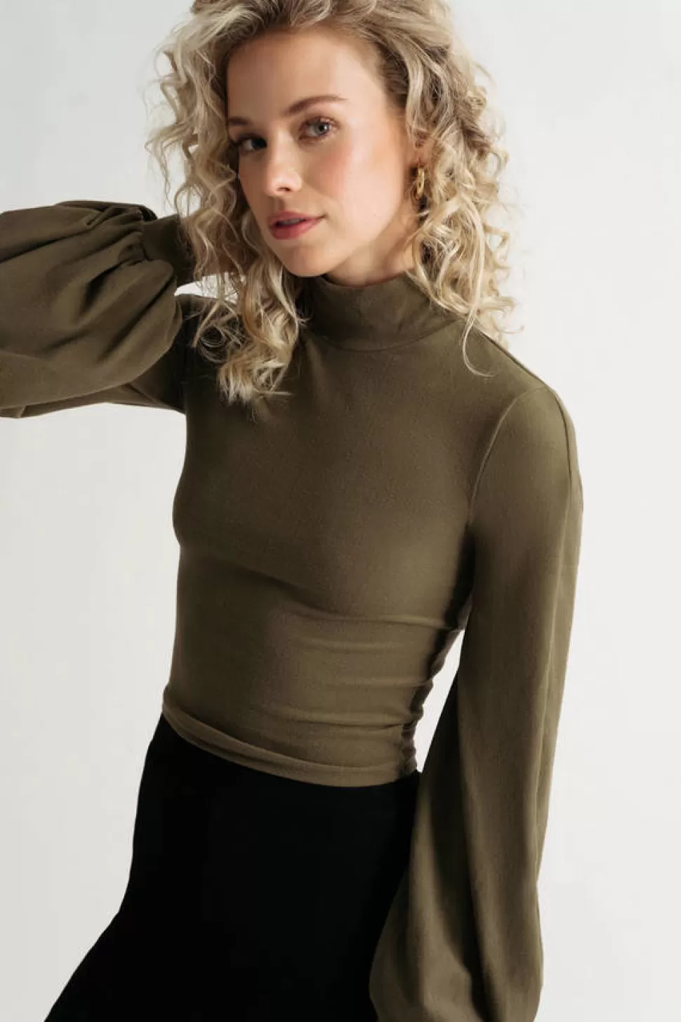 Puff Sleeve Tops*Tobi Winter Basics Turtleneck Balloon Sleeve Crop Top Olive Green