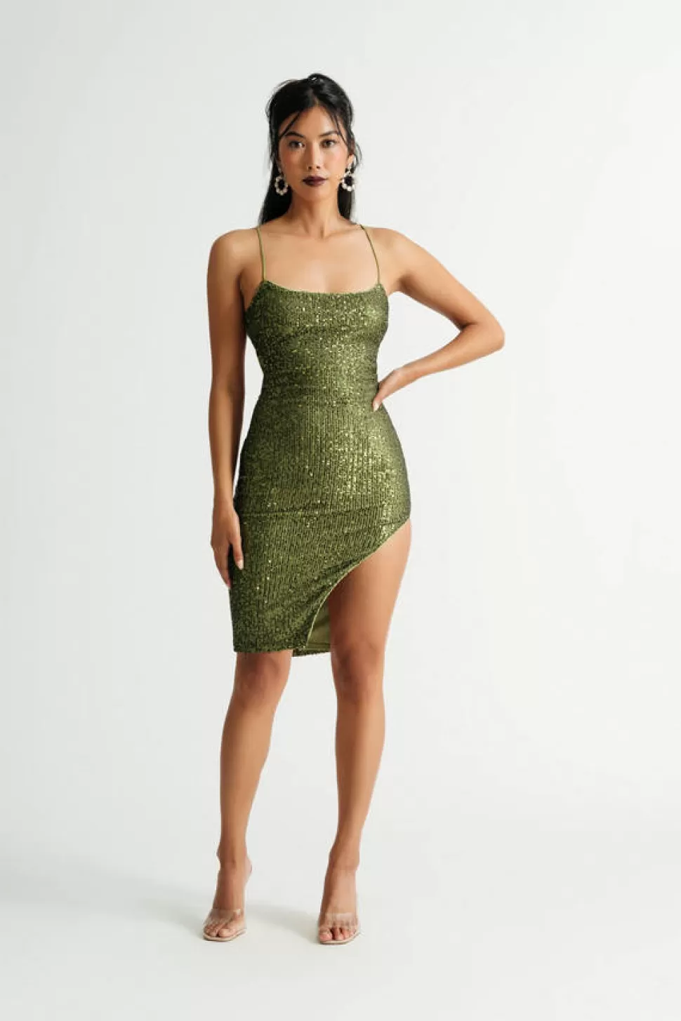 Backless Dresses*Tobi Work Things Out Sequin Lace-Up Slit Bodycon Dress Green