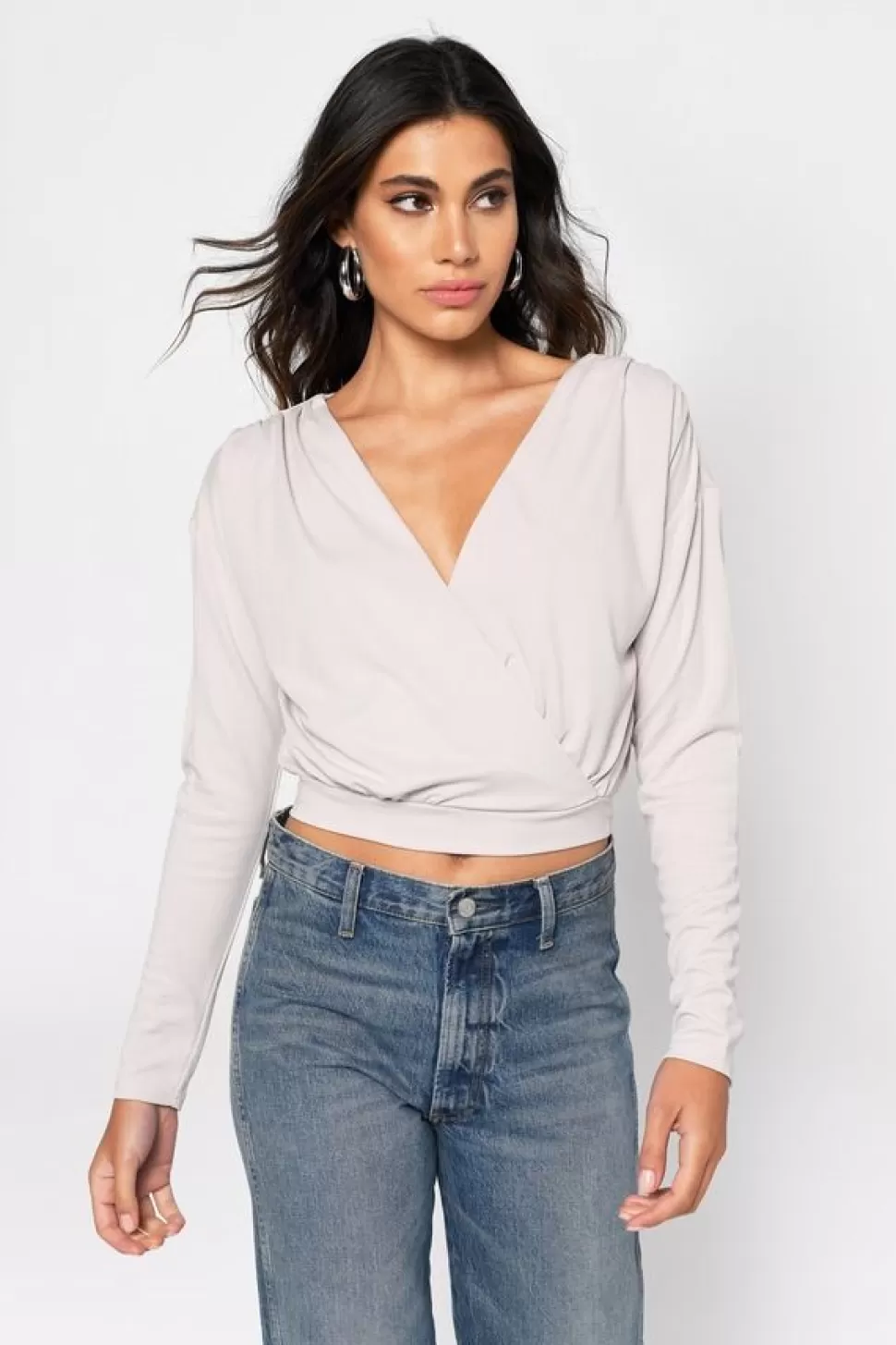 Long Sleeve Tops*Tobi Wrap City Plunging Crop Top Stone | Black | Ivory