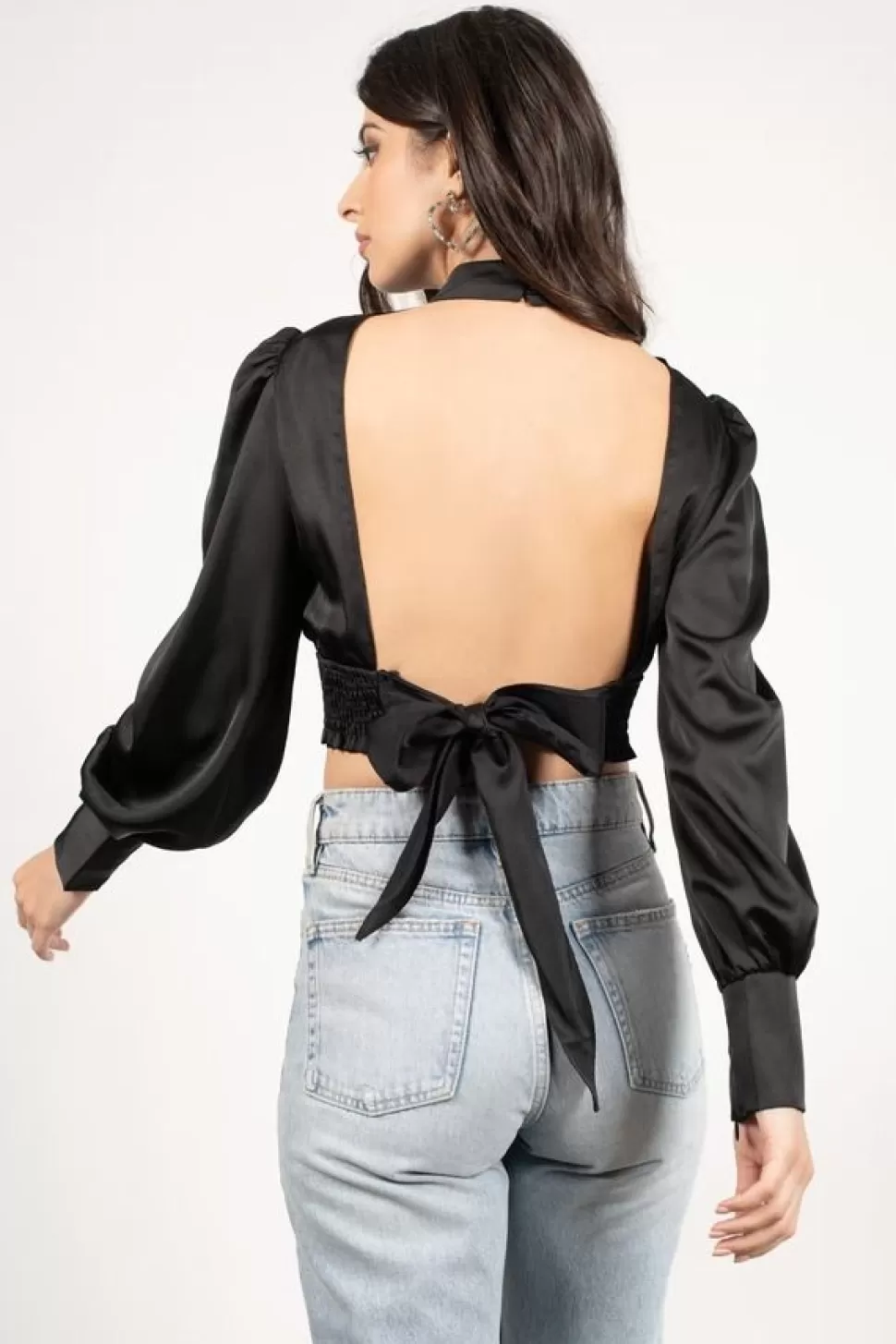 Blouses & Shirts*Tobi Xoana Open Back Satin Blouse Black | Emerald