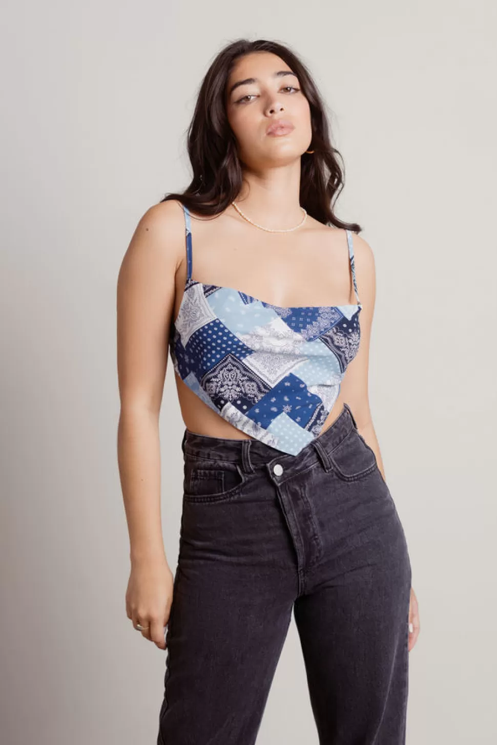 Crop Tops*Tobi Youra Patchwork Pattern Handkerchief Crop Top Blue | Brown