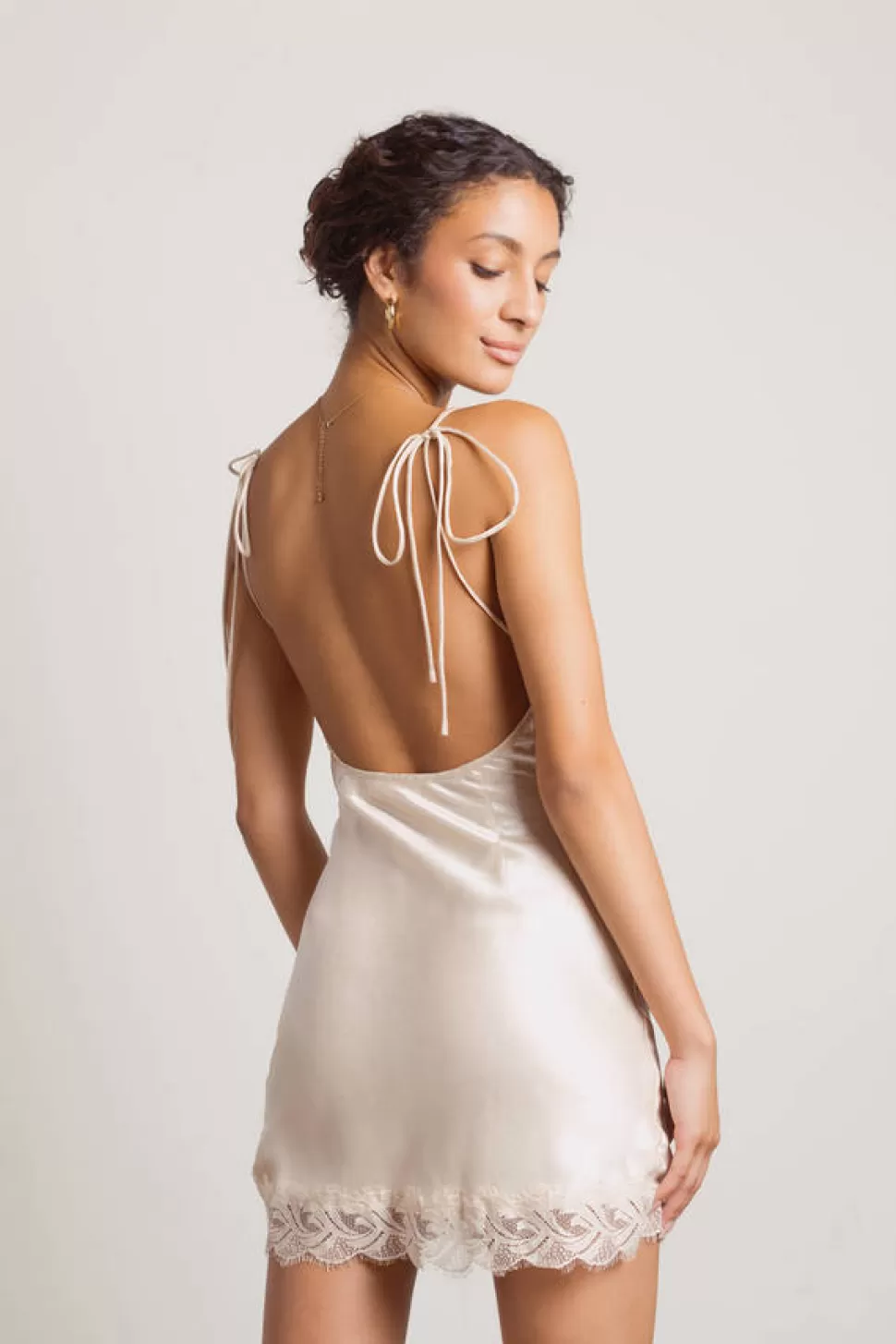 Backless Dresses*Tobi Ysabel Satin Lace Halter Mini Dress Light Gold