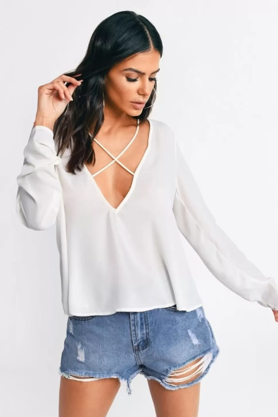 Long Sleeve Tops*Tobi Zohar Plunging Blouse Cream